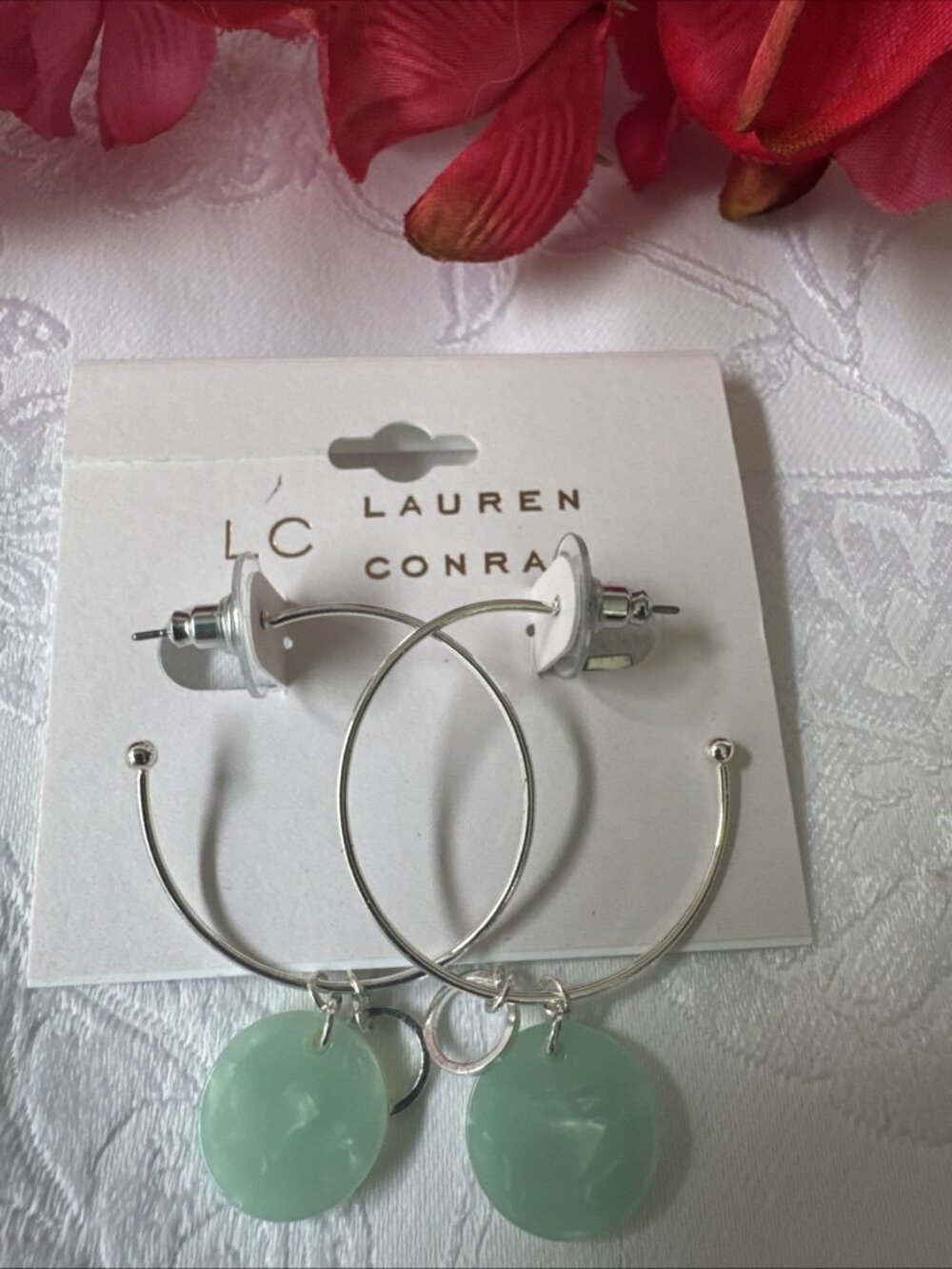 LC Lauren Conrad  Silver Tone Green Bead Dangle Drop Charm Summer Earrings 2"